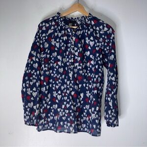 Talbots Blue Red White Heart Ruffle Neck Cotton Popover Small